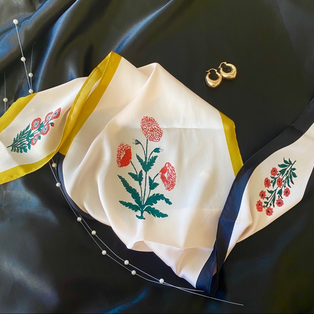 Spring Yellow Blue Floral Silky Scarf - Picture 4 of 8